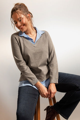 V-Neck Knit Top with Integrated Shirt Detail - Grey