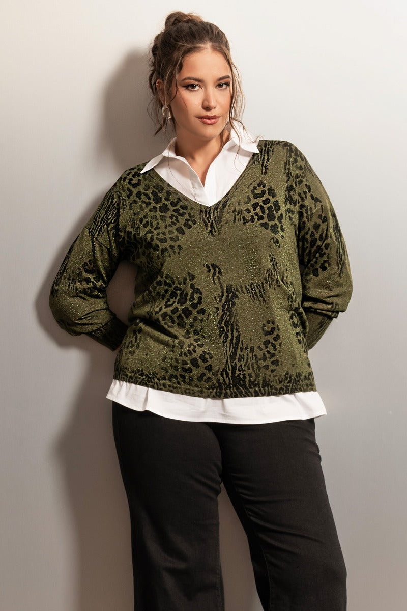 Μπλούζα λεπτή πλεκτή lurex με animal print - Χακί