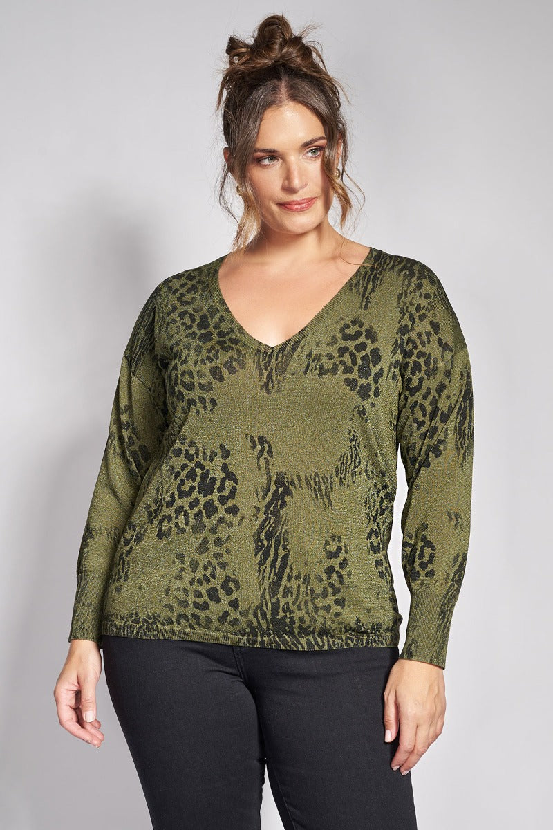 Μπλούζα λεπτή πλεκτή lurex με animal print - Χακί
