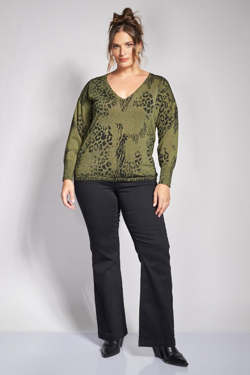 Μπλούζα λεπτή πλεκτή lurex με animal print - Χακί