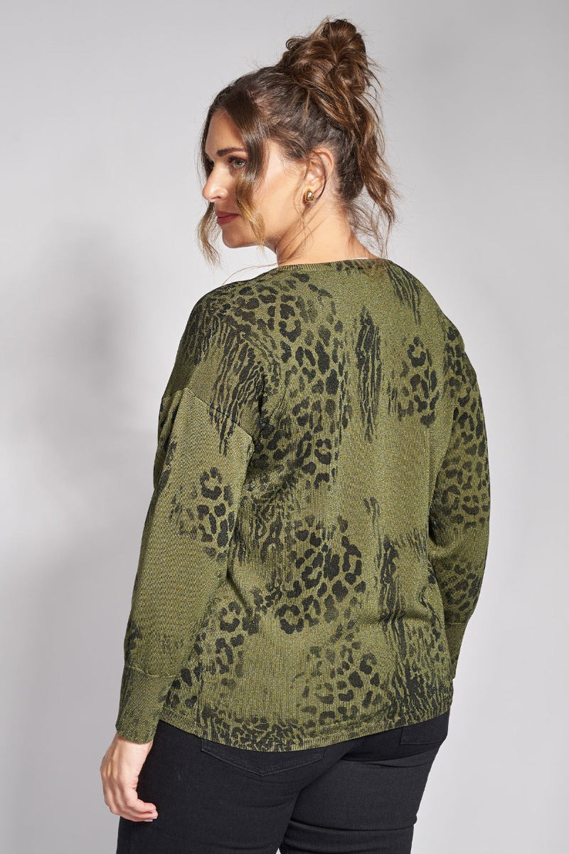 Μπλούζα λεπτή πλεκτή lurex με animal print - Χακί