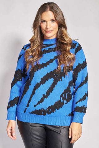 Mock-neck knit sweater with abstract zebra pattern - Royal Blue