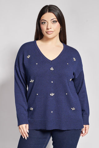 V-Neck Knitted Jumper with Rhinestone Embellishments - Blue