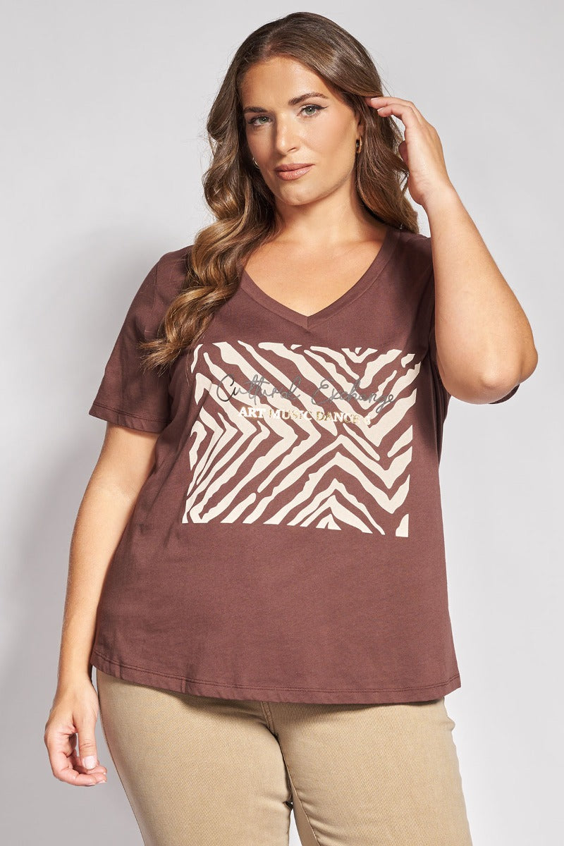 T-shirt βαμβακερό με V και στάμπα animal print - Καφέ
