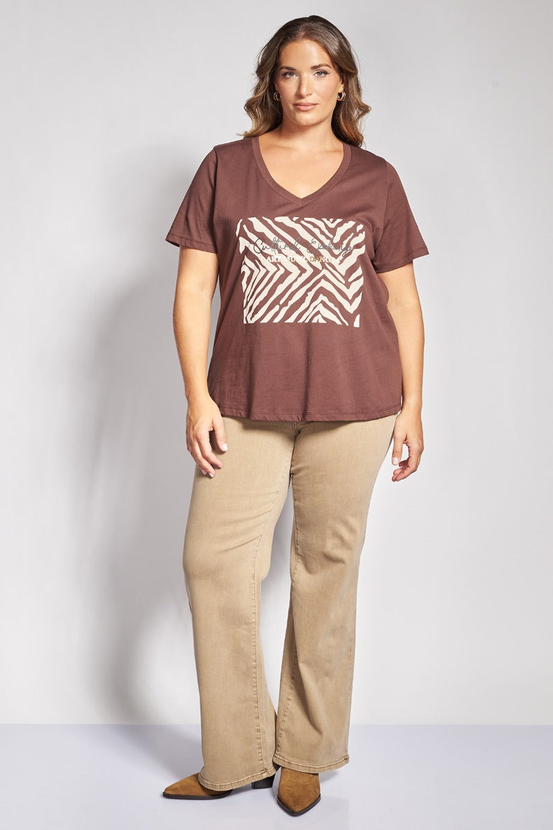 T-shirt βαμβακερό με V και στάμπα animal print - Καφέ
