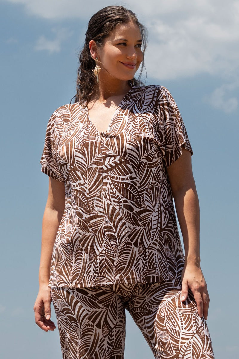 Μπλούζα ελαστική σε botanical print - Εκρού