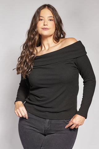 Longsleeved rib off shoulder blouse - Black