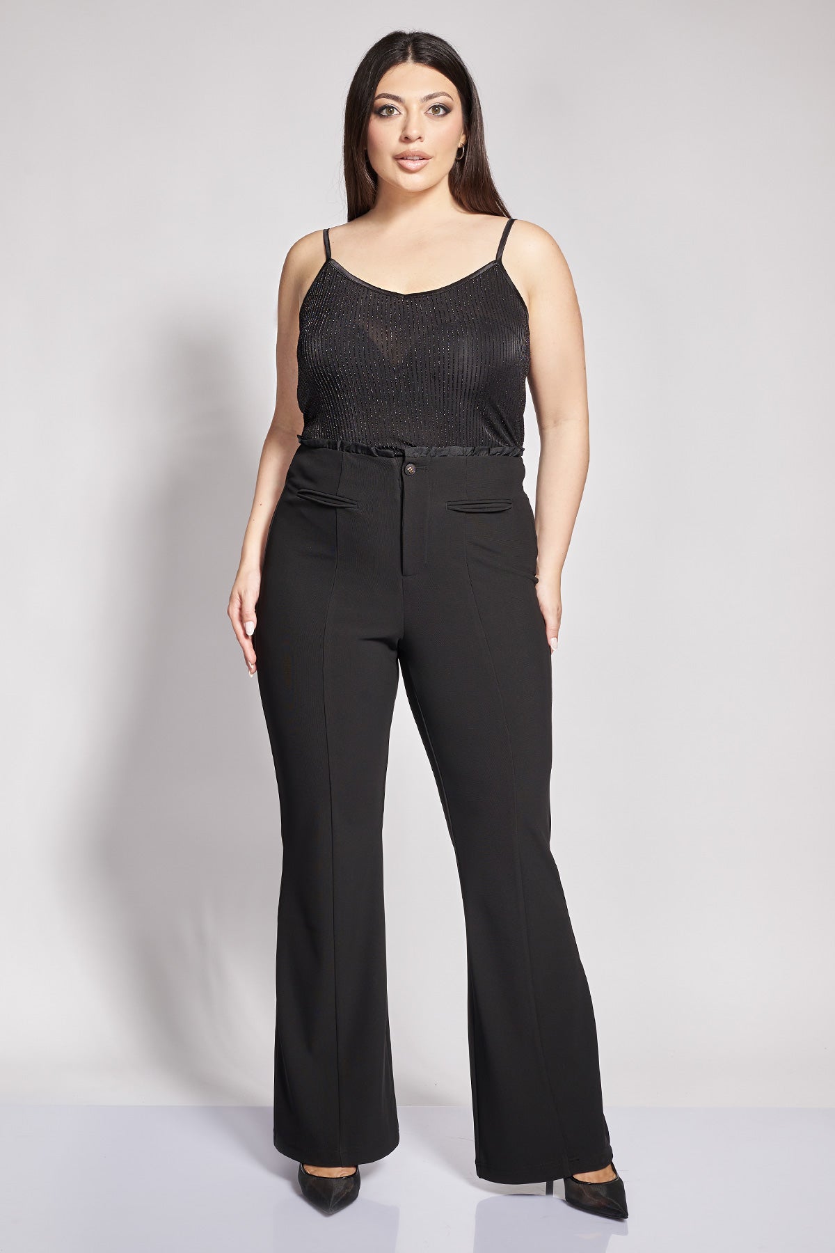 Flared trousers with frill waistband and decorative pockets - Black