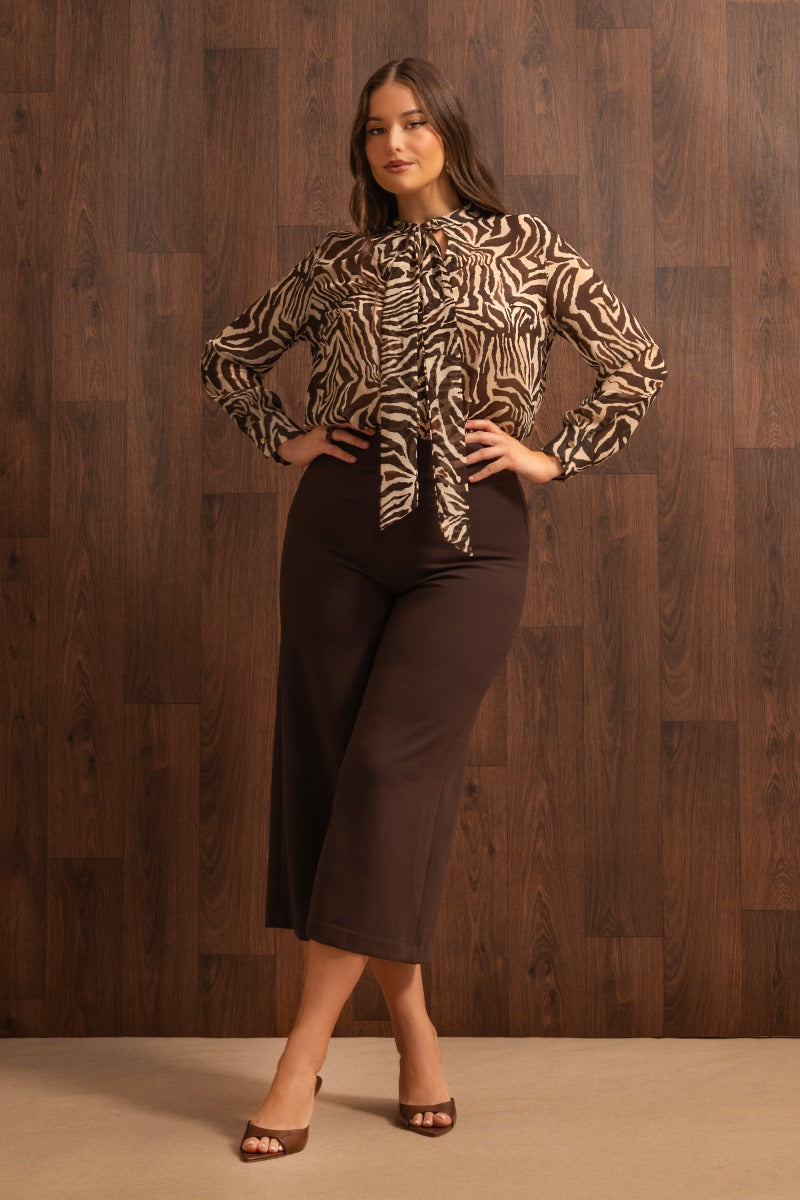 Cropped κρεπ παντελόνα wide leg - Καφέ