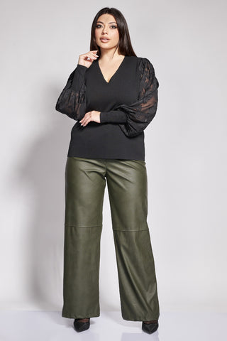 Faux Leather Straight-Leg fit Trousers - Khaki