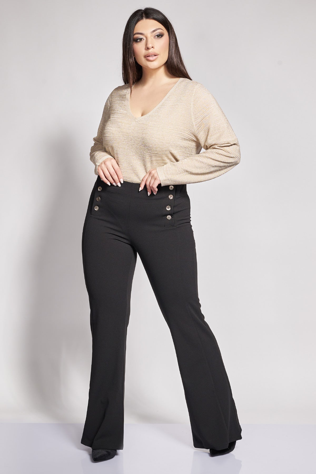 Crepe flare trousers with decorative metallic buttons - Black