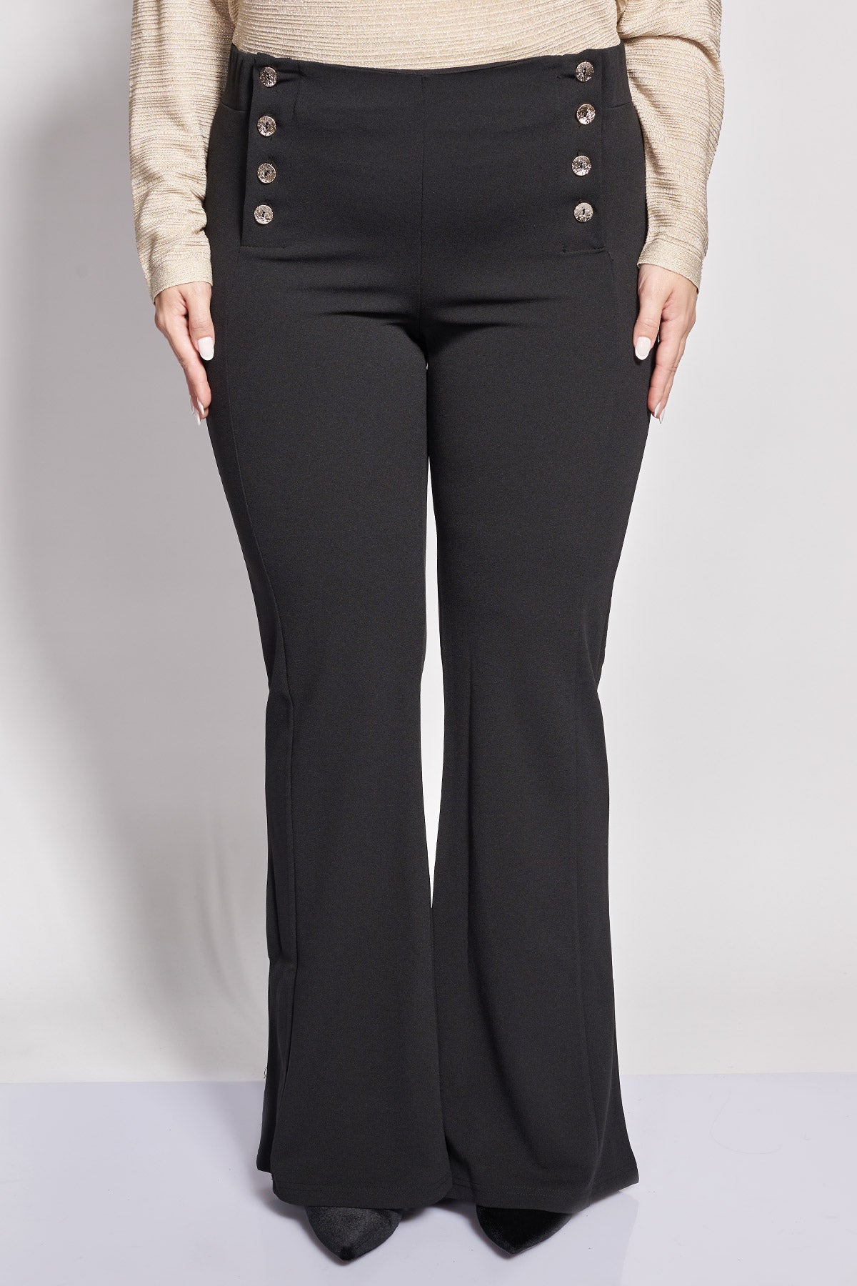 Crepe flare trousers with decorative metallic buttons - Black