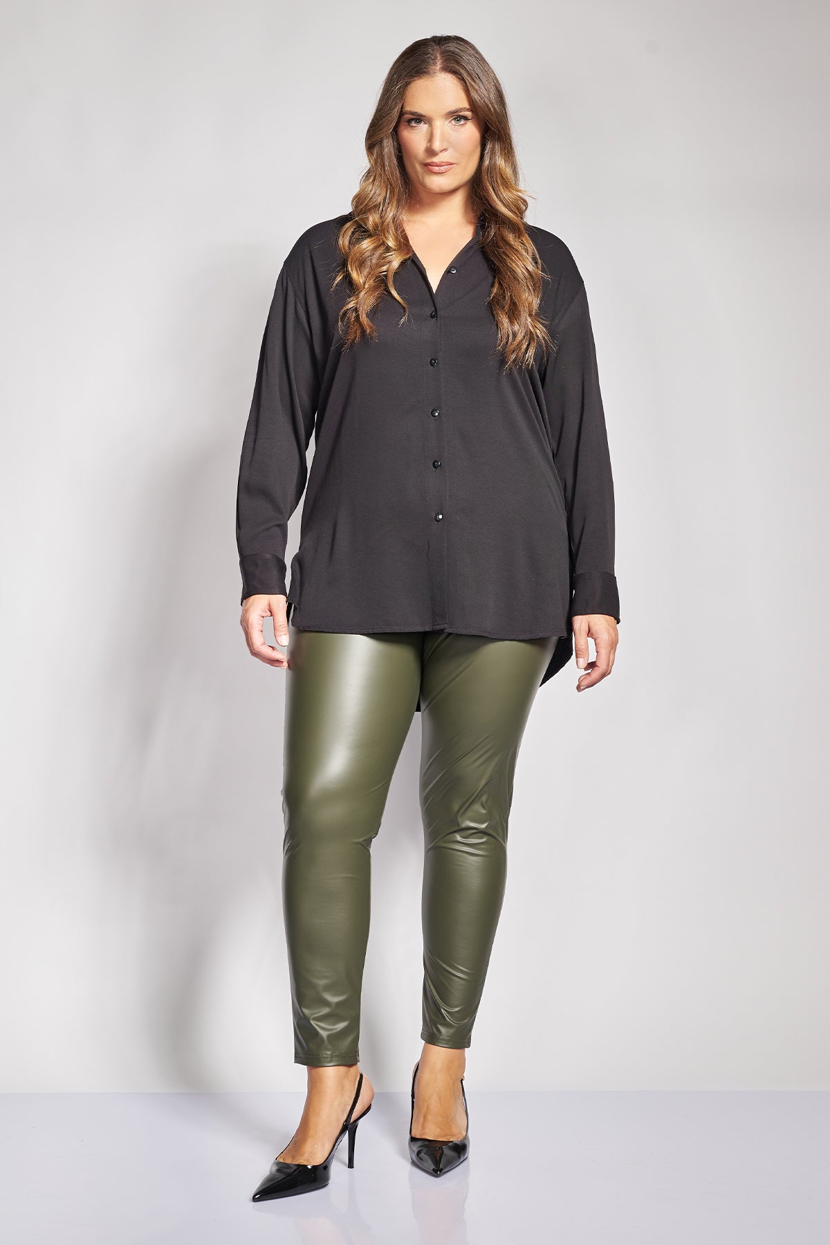 Κολάν δερματίνης σε wet look με ψηλή μέση - Χακί