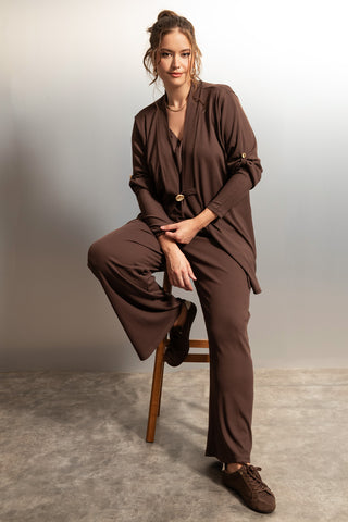 Essential Ribbed Wide-Leg Trousers with Drawstring - Brown