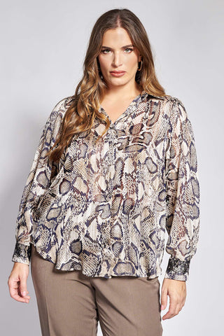 Snake Print Chiffon Shirt with Shimmer and Lace Details - Grey