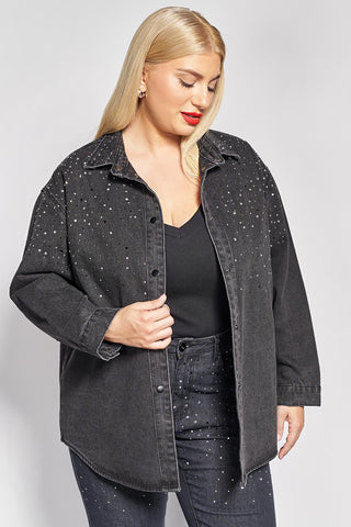 Relaxed-fit denim overshirt jacket with decorative rhinestones - Charcoal Grey