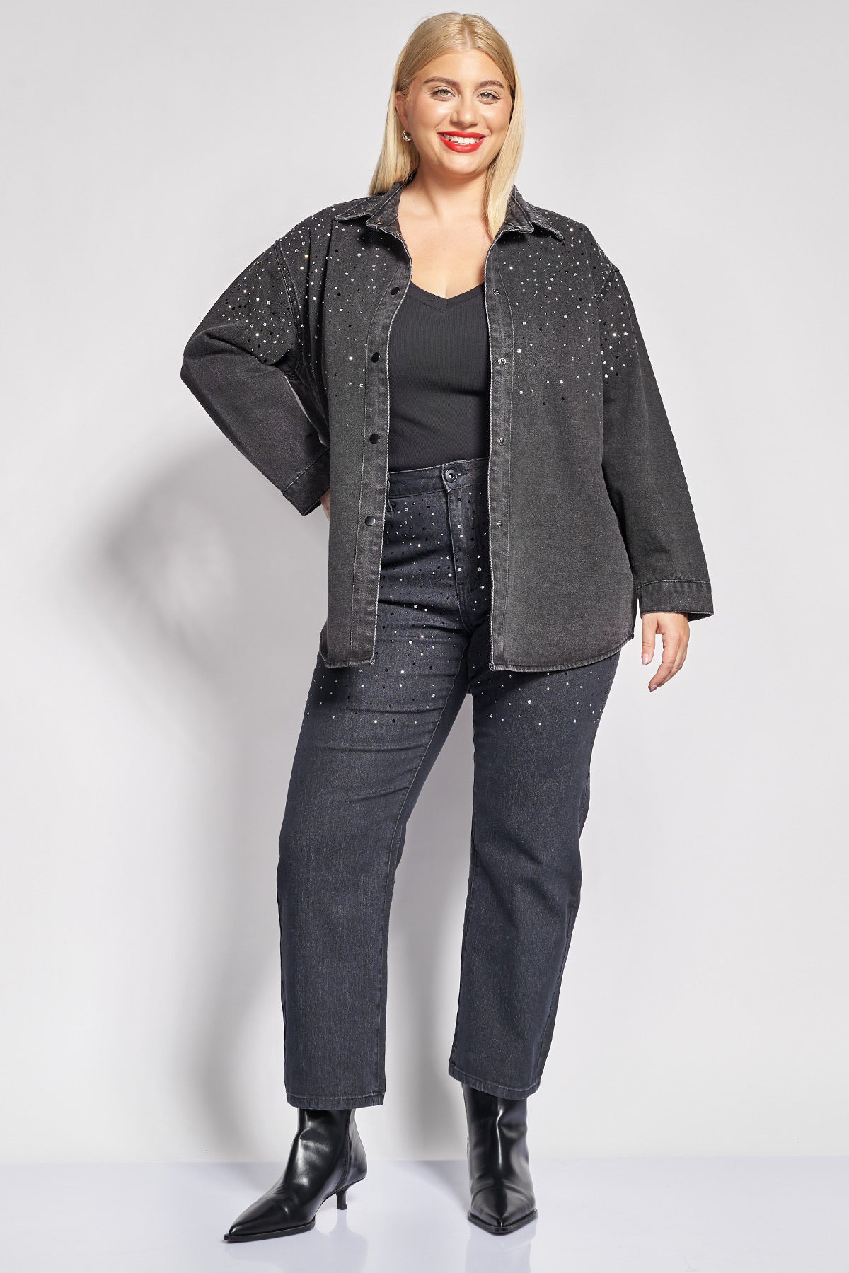 Τζιν overshirt jacket σε άνετη γραμμή με διακοσμητικά στρας - Ανθρακί