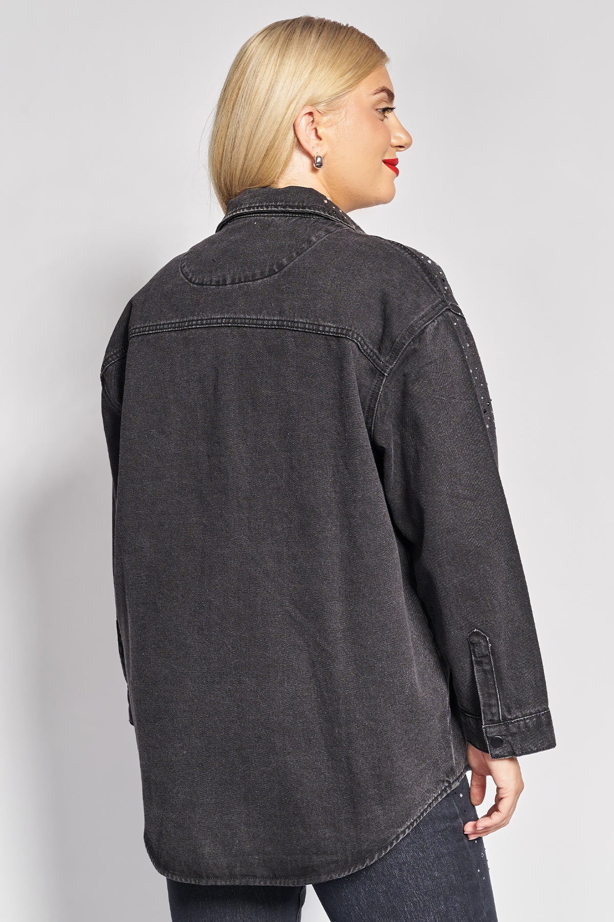 Τζιν overshirt jacket σε άνετη γραμμή με διακοσμητικά στρας - Ανθρακί
