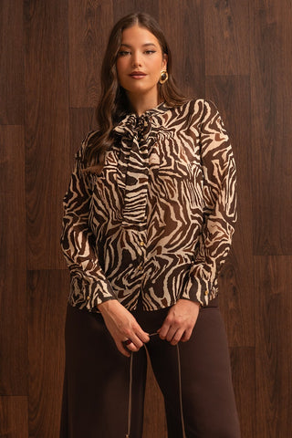 Πουκάμισο σιφόν σε animal print με γραβάτα - Καφέ