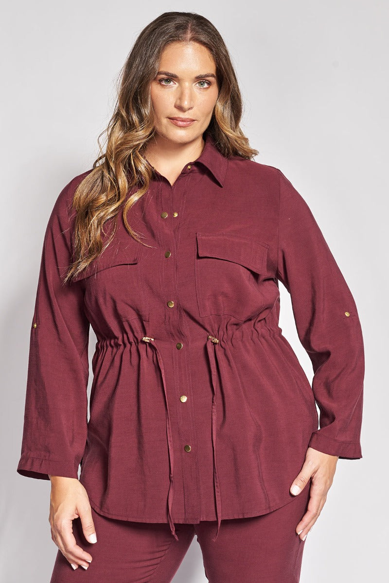 Overshirt πουκαμίσα twill με ρυθμιζόμενο κορδόνι - Μπορντω