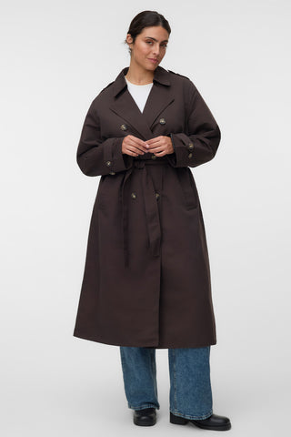 Long trench coat with double-breasted closure and waist belt - Brown