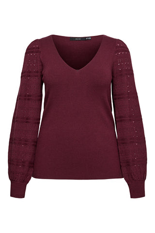 Fine-knit V-neck top with pointelle-detailed balloon sleeves - Bordeaux