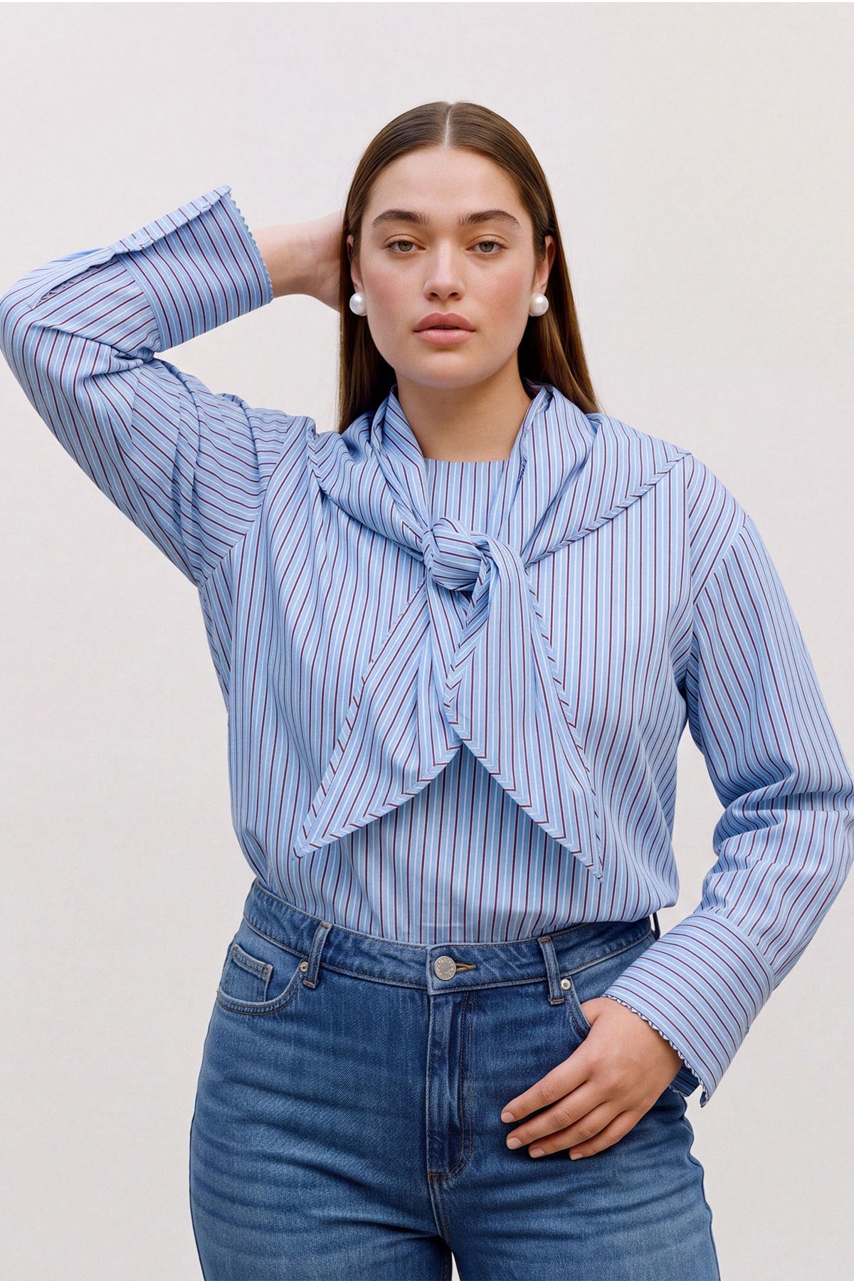 Ριγέ Μπλούζα σε Στυλ Πουκαμίσου με Φουλάρι VERO MODA - Μπλε