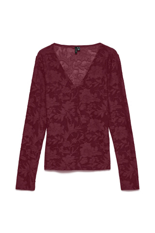 Long-sleeved top with embossed lace pattern - Bordeaux