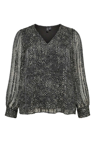 Speckled Print Chiffon V-Neck Top with Sheer Sleeves VERO MODA - Black