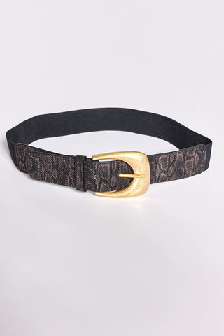 Snake-Effect Faux Leather Elastic Belt with Gold Buckle - Brown