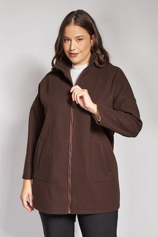 Zip-Up Coat with Stand-Up Collar - Brown