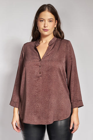 Long-sleeve tunic top with V-neckline - Brown