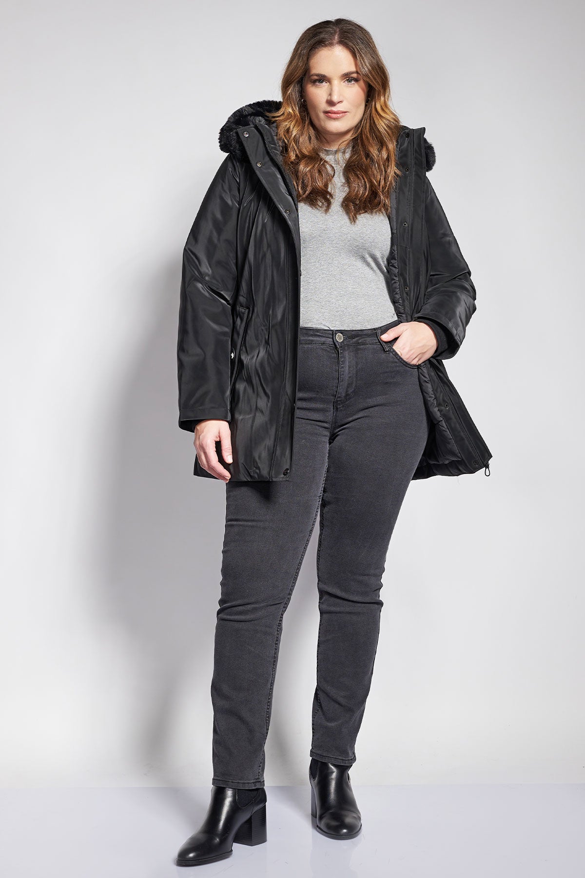 Waterproof Parka jacket with fur on hood and internal straps - Black