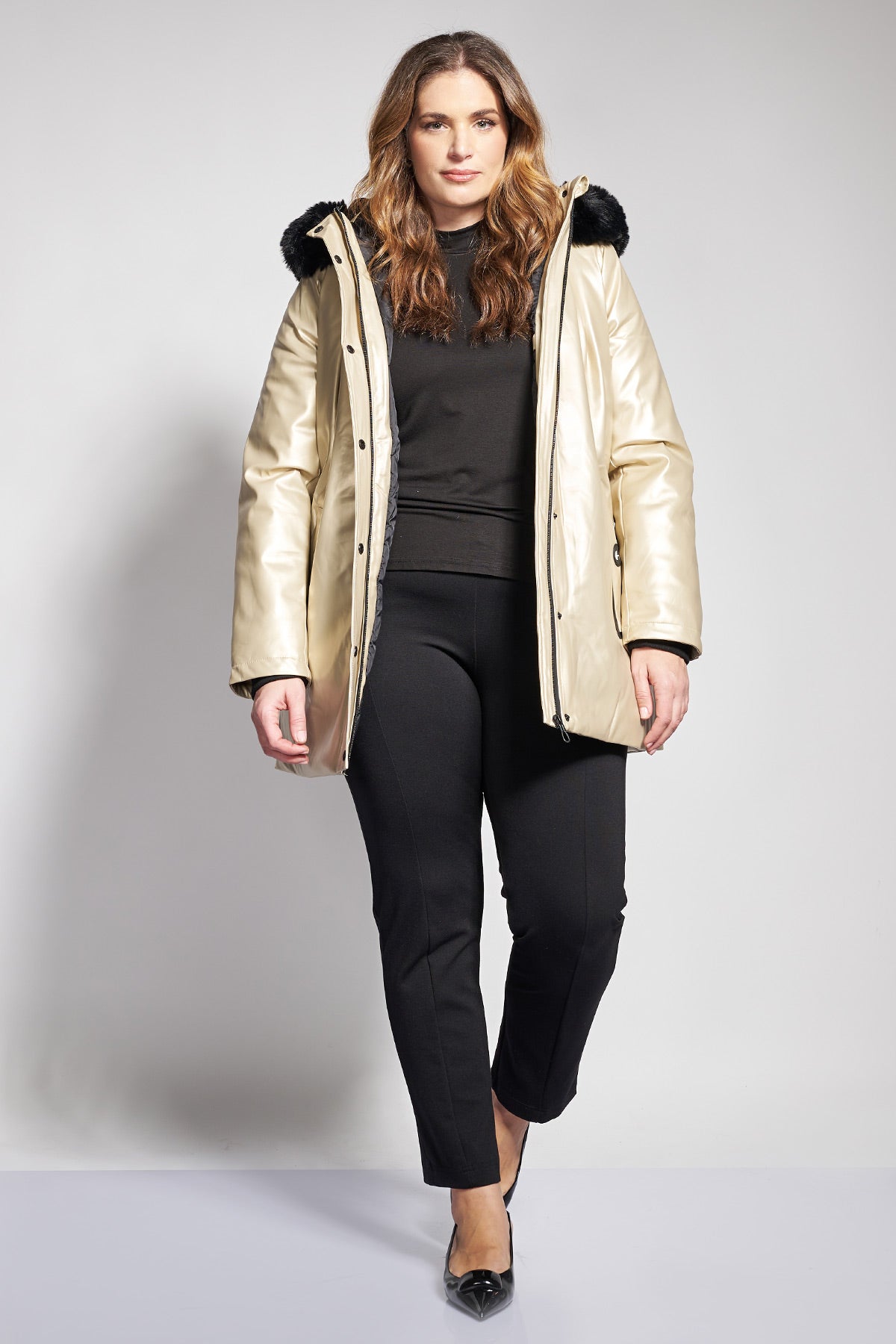 Waterproof Parka jacket with fur on hood and internal straps - Gold