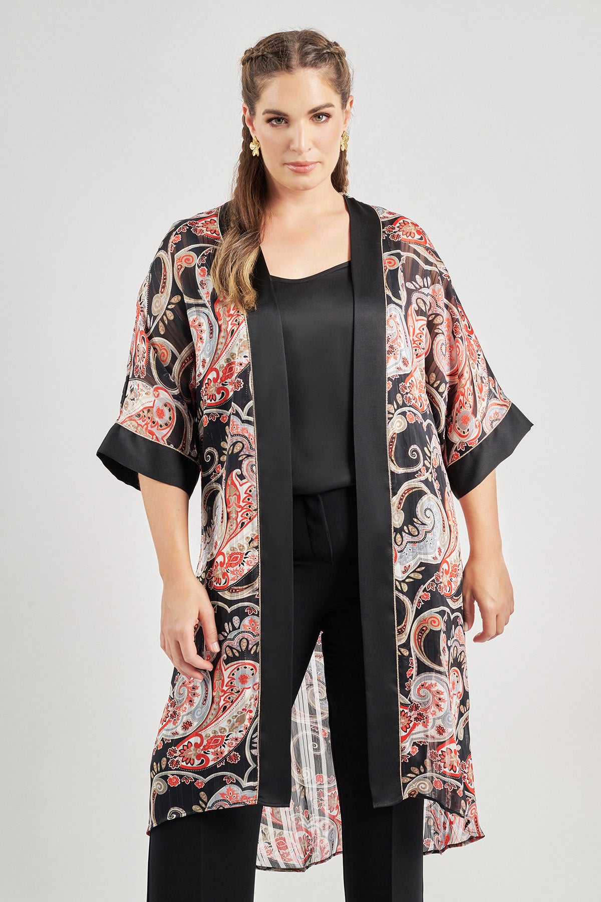 Ethereal paisley print kimono with satin lapel - Black