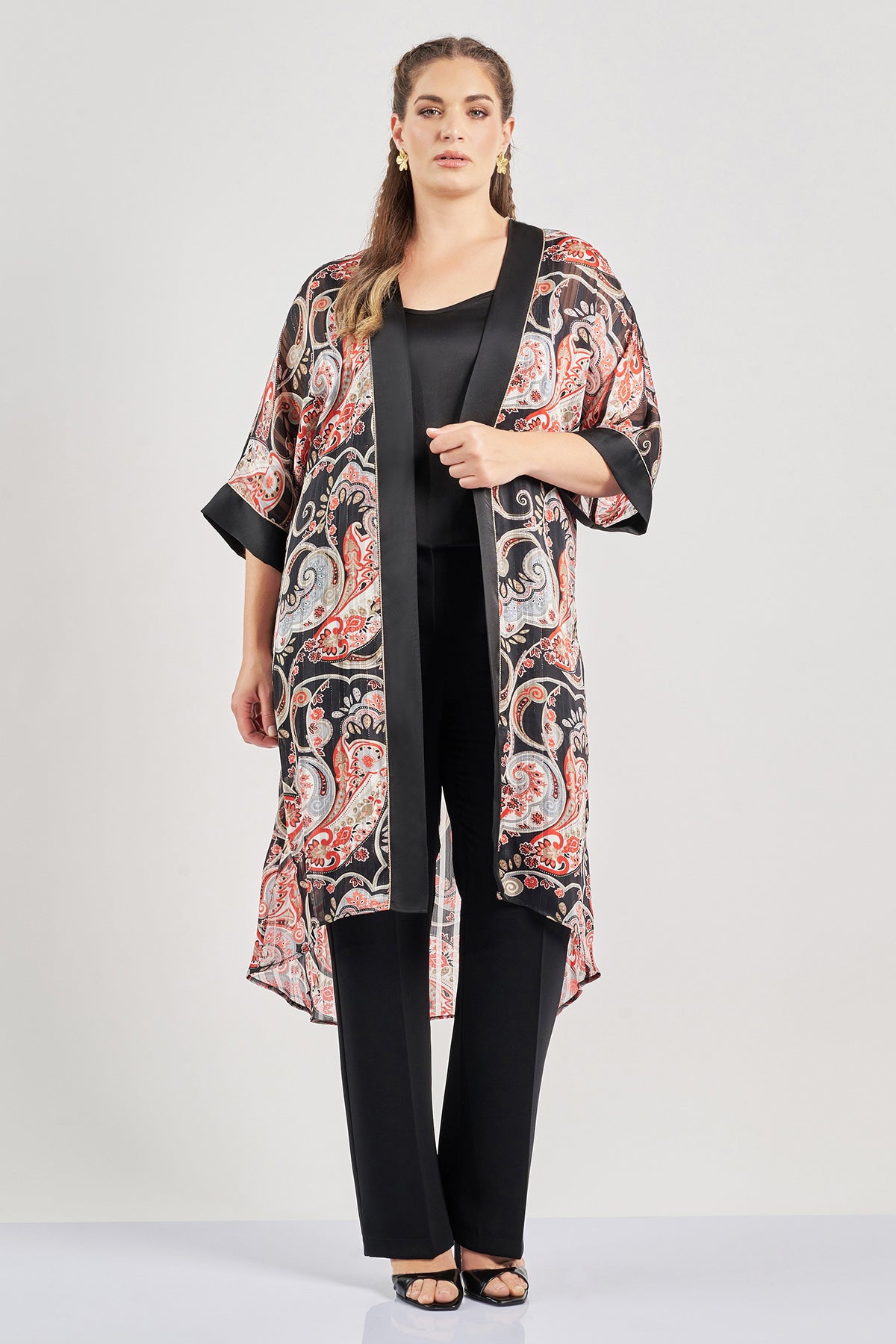 Ethereal paisley print kimono with satin lapel - Black