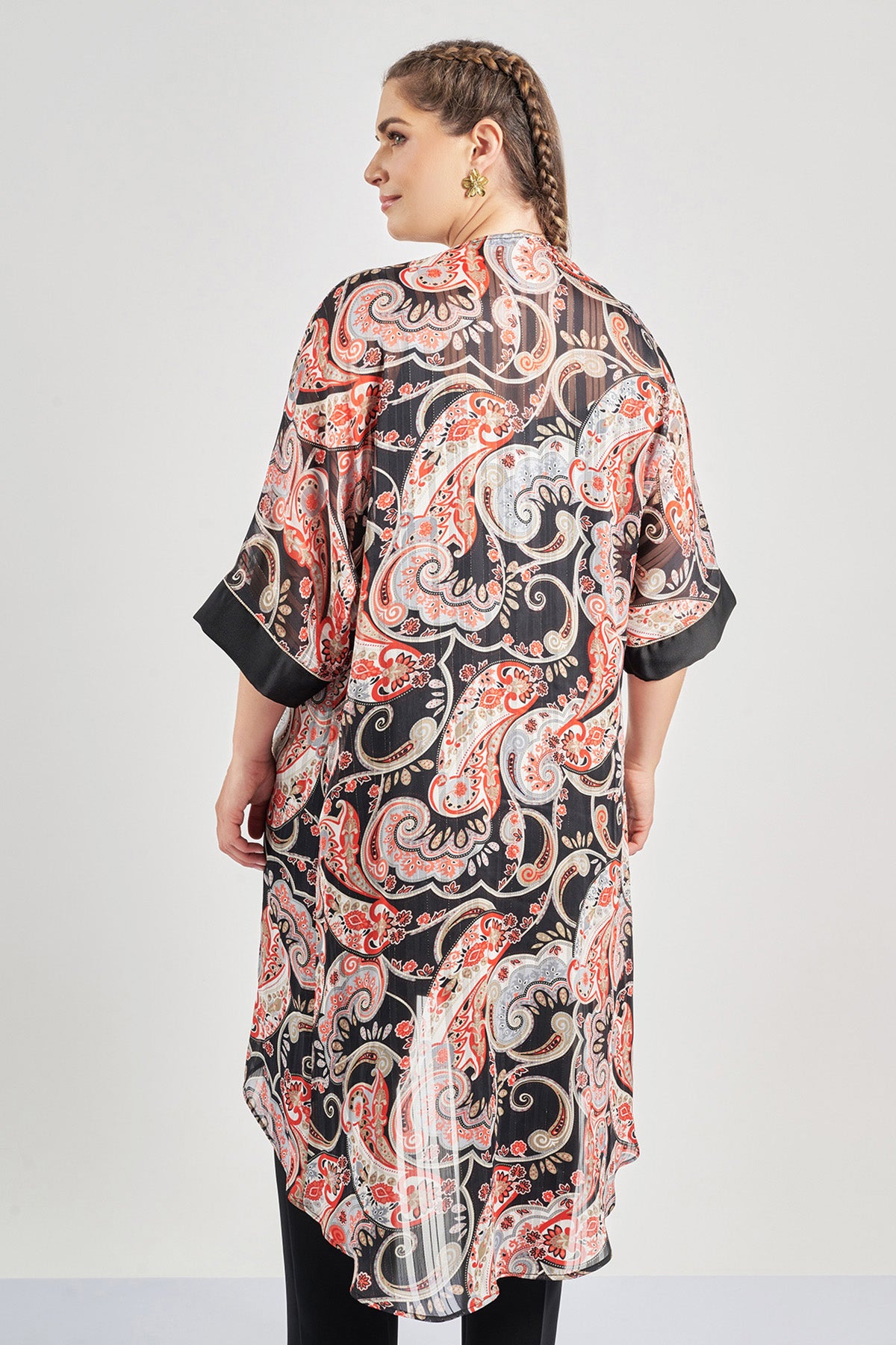 Ethereal paisley print kimono with satin lapel - Black