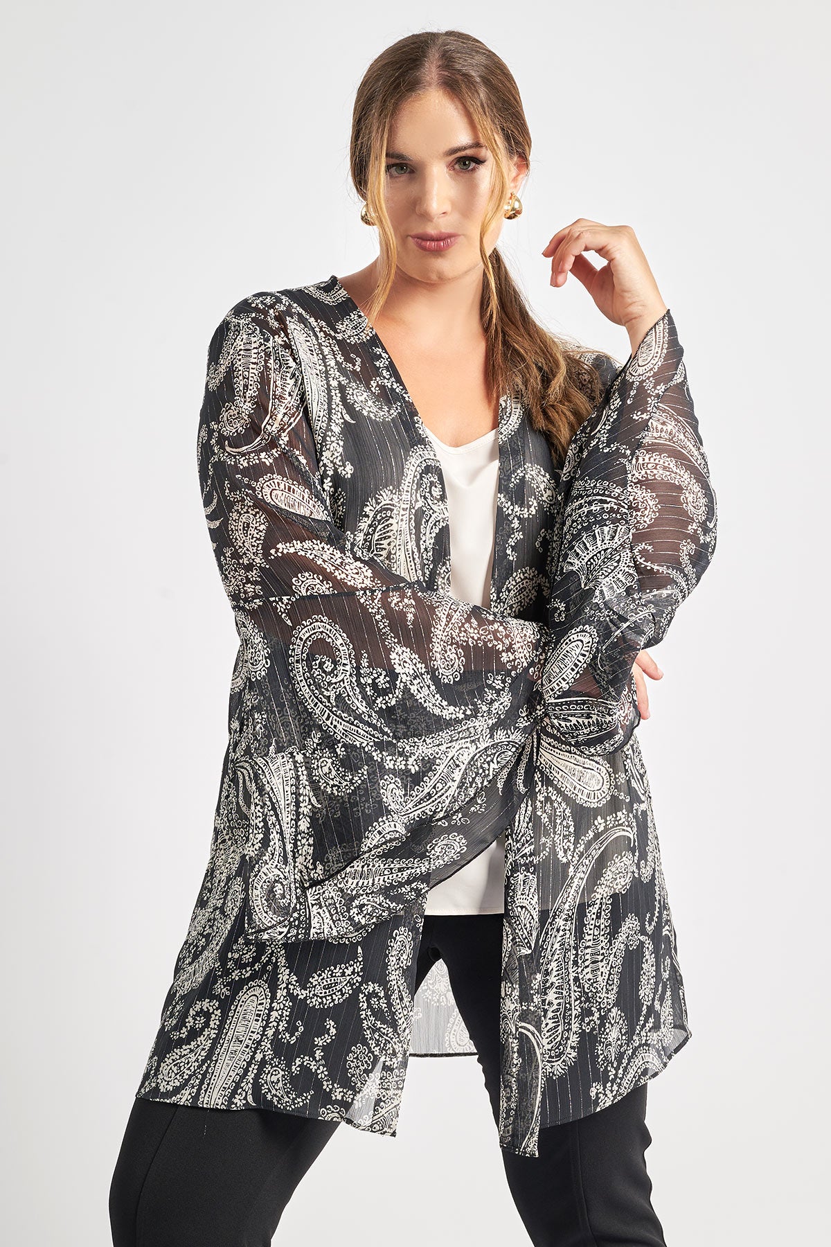 Ethereal paisley print kimono with lurex details - Black