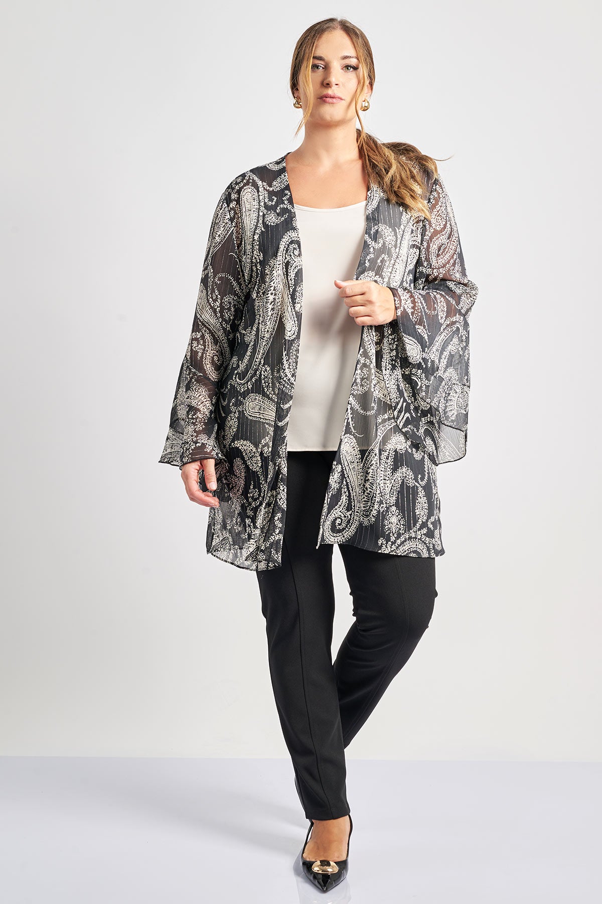 Ethereal paisley print kimono with lurex details - Black