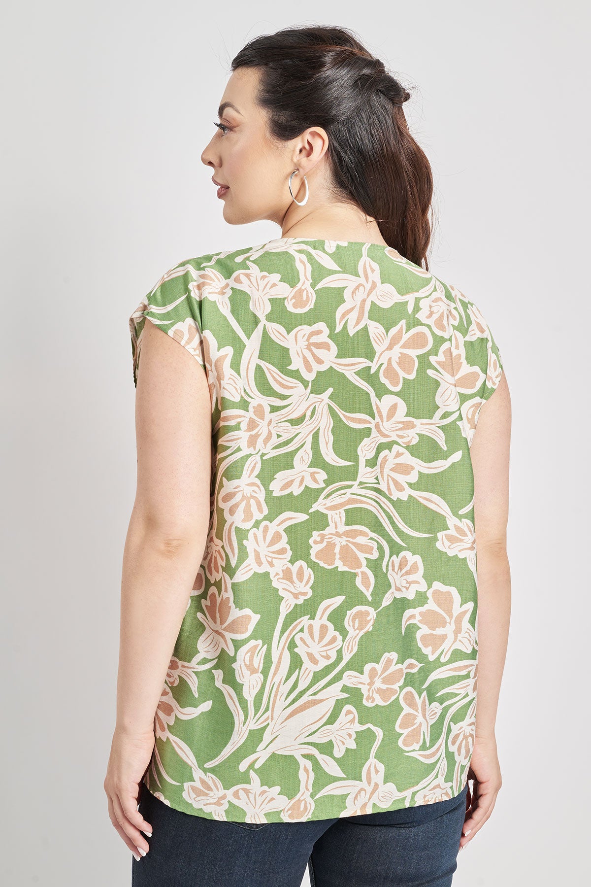 Sleeveless floral print blouse linen look - Green