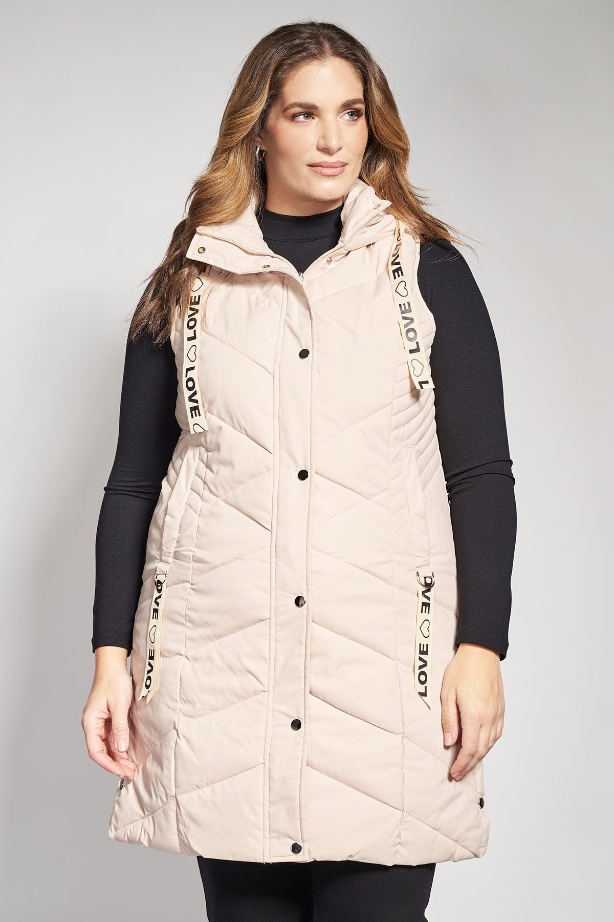 Sleeveless quilted jacket with hood and LOVE logo tapes - Ecru