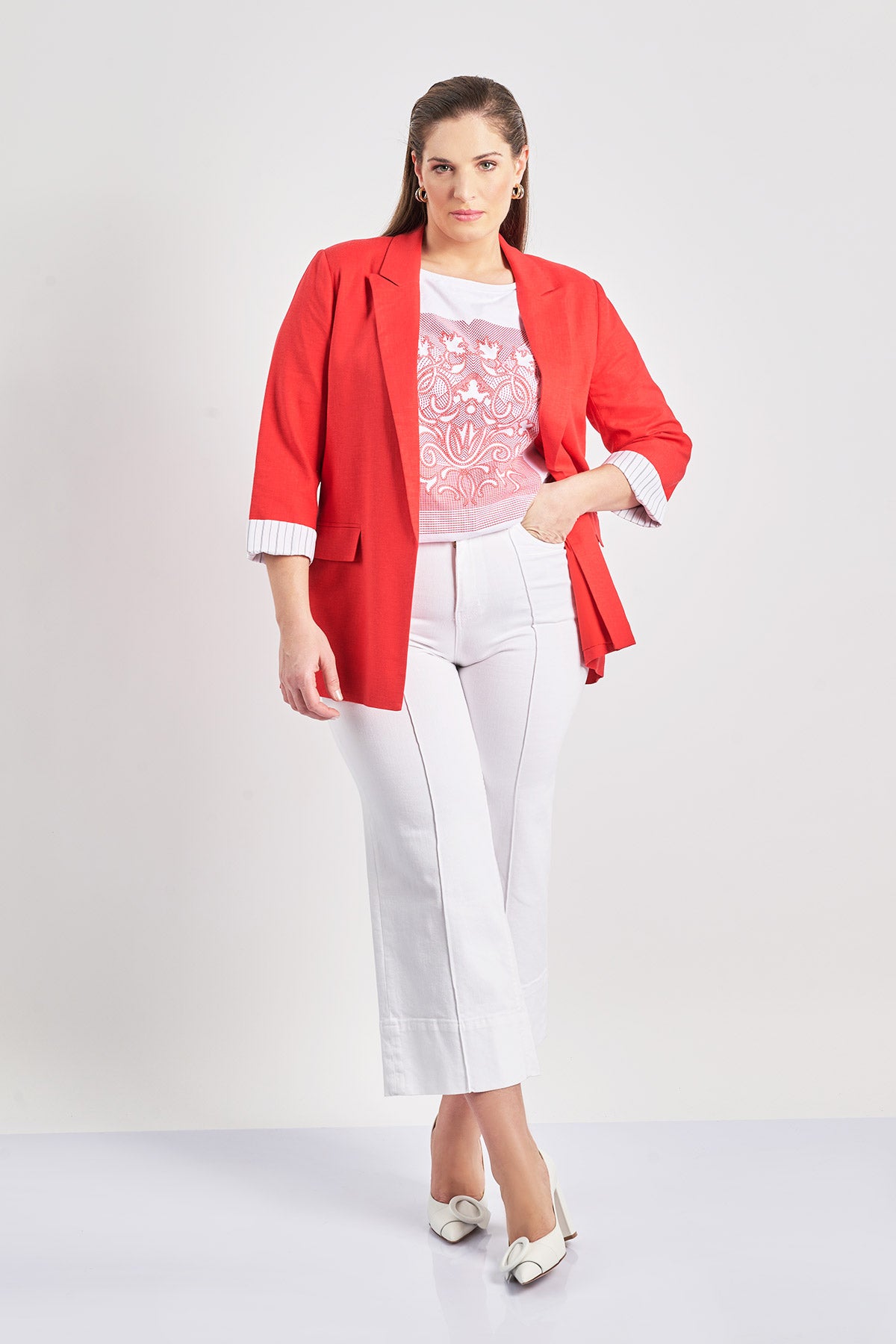 Open front blazer in linen blend with striped detail - Red