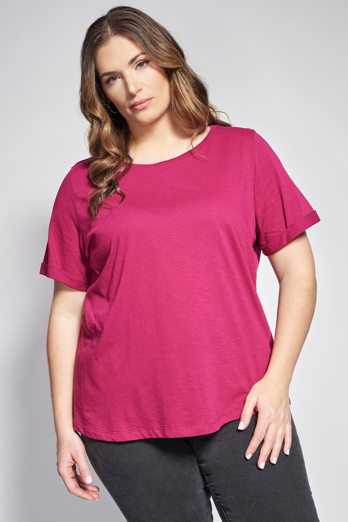 Basic short-sleeved cotton slub round-neck blouse - Fuchsia