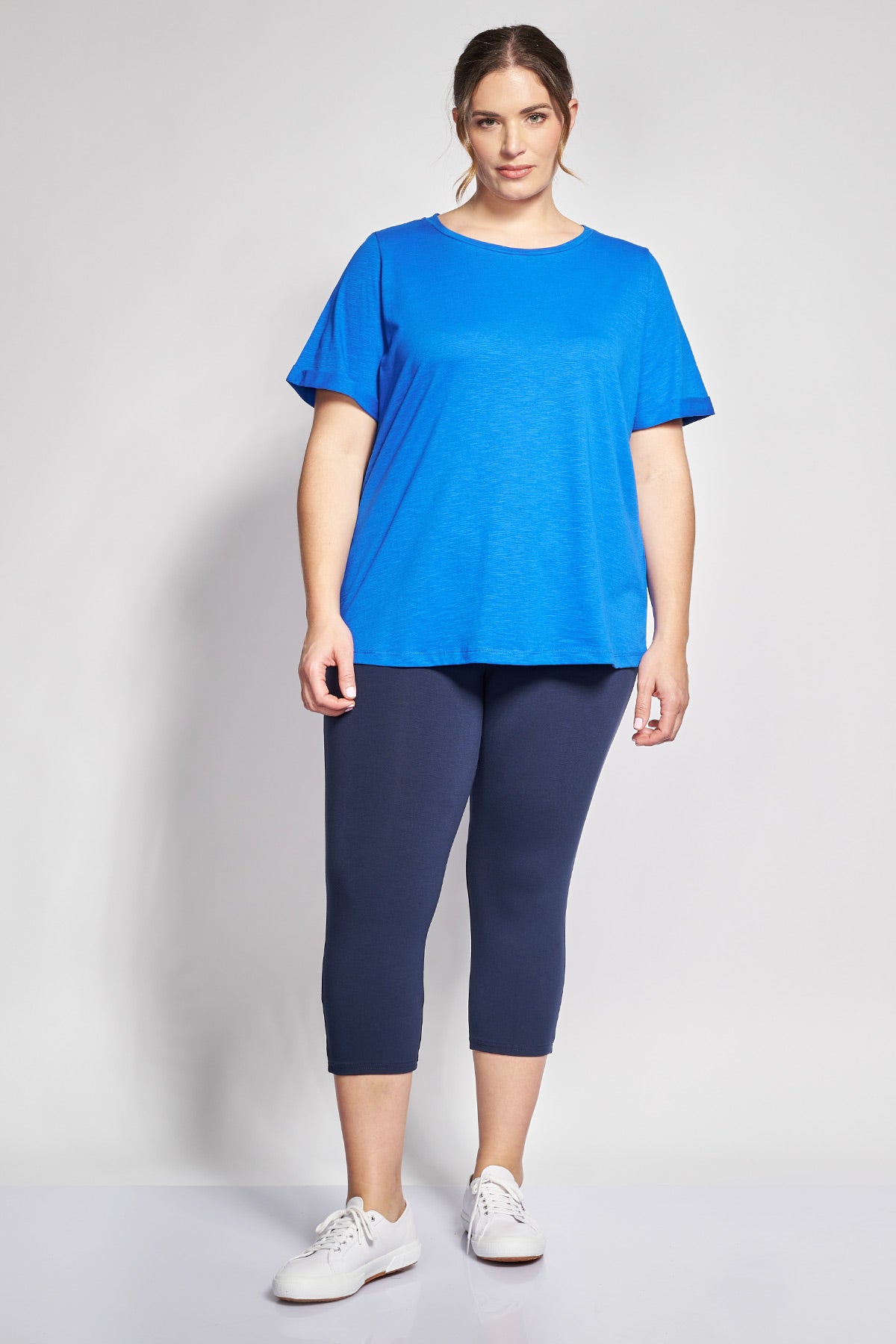 Basic short-sleeved cotton slub round-neck blouse - Royal Blue