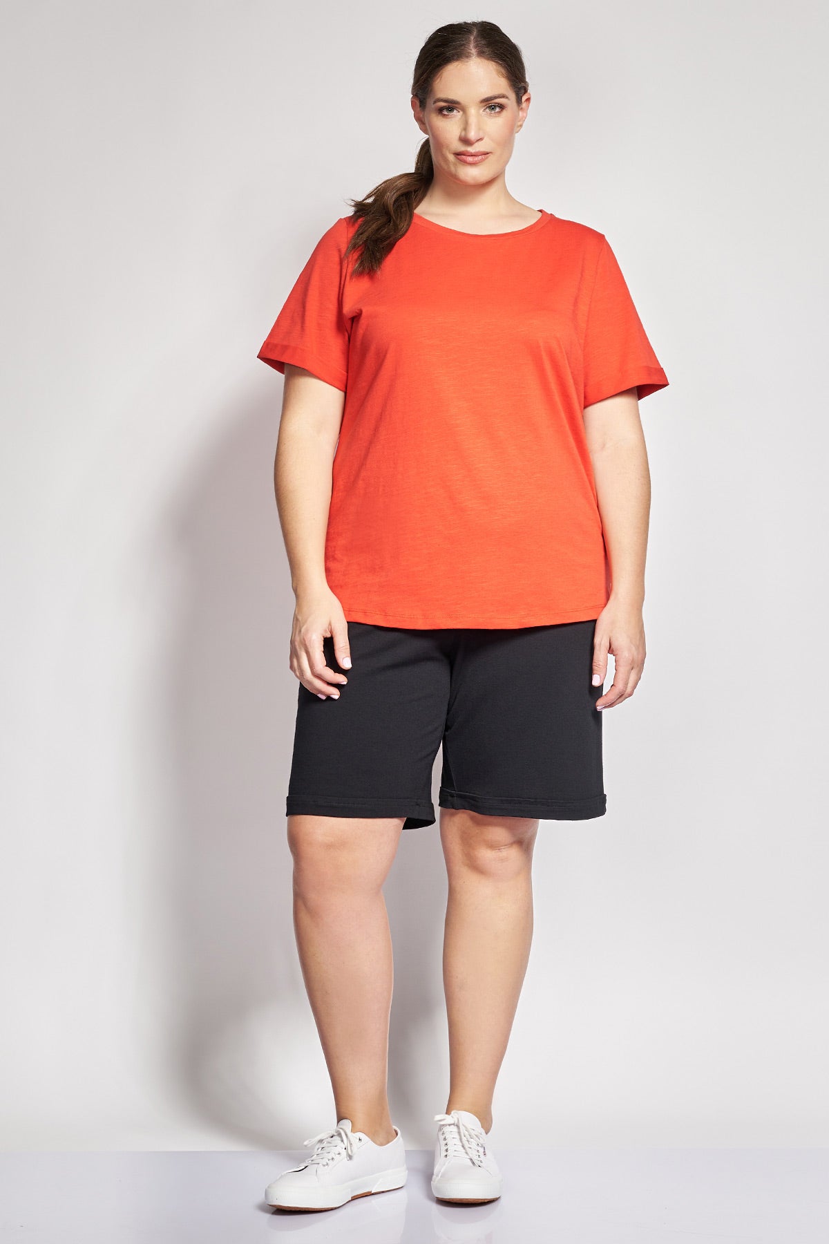 Basic short-sleeved cotton slub round-neck blouse - Red