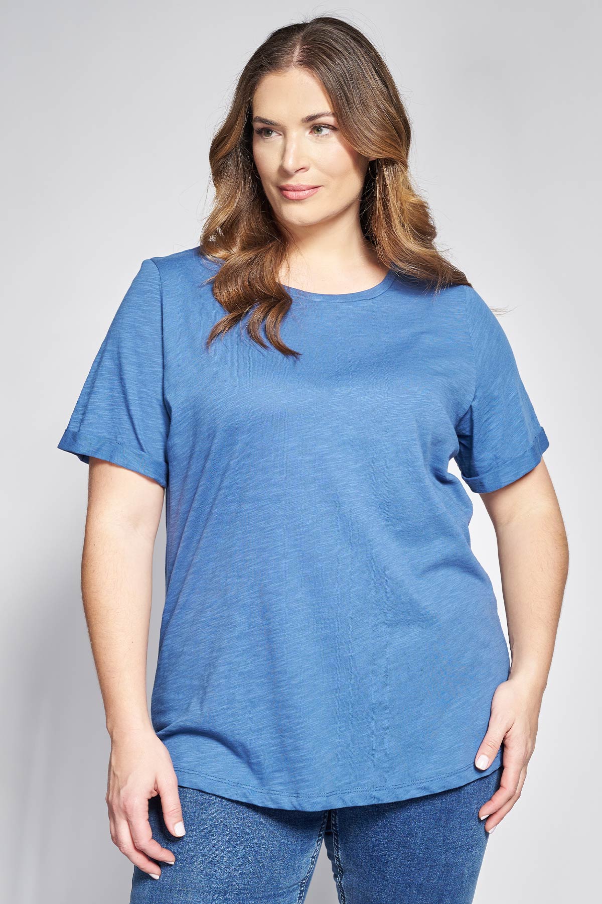 Basic short-sleeved cotton slub round-neck blouse - Indigo