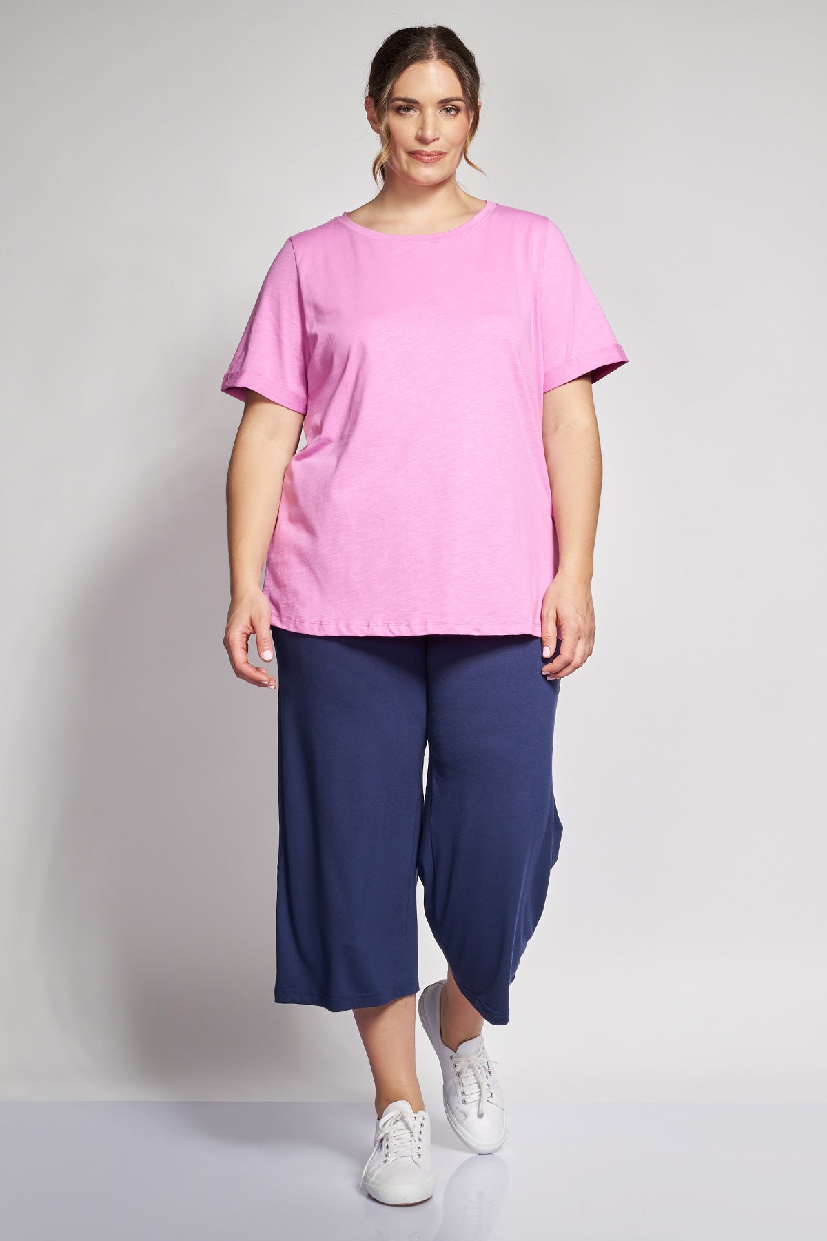 Basic short-sleeved cotton slub round-neck blouse - Pink
