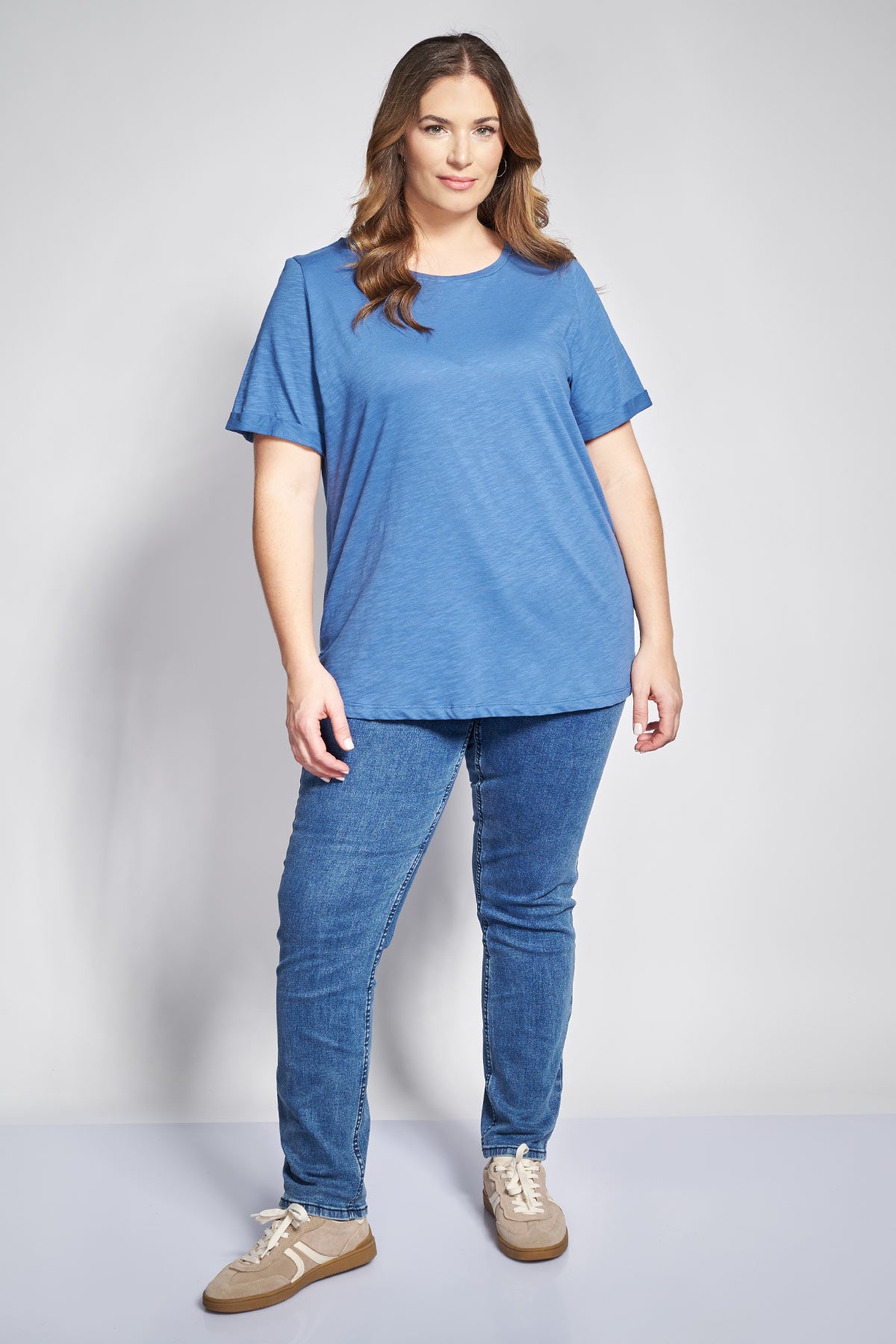 Basic short-sleeved cotton slub round-neck blouse - Indigo