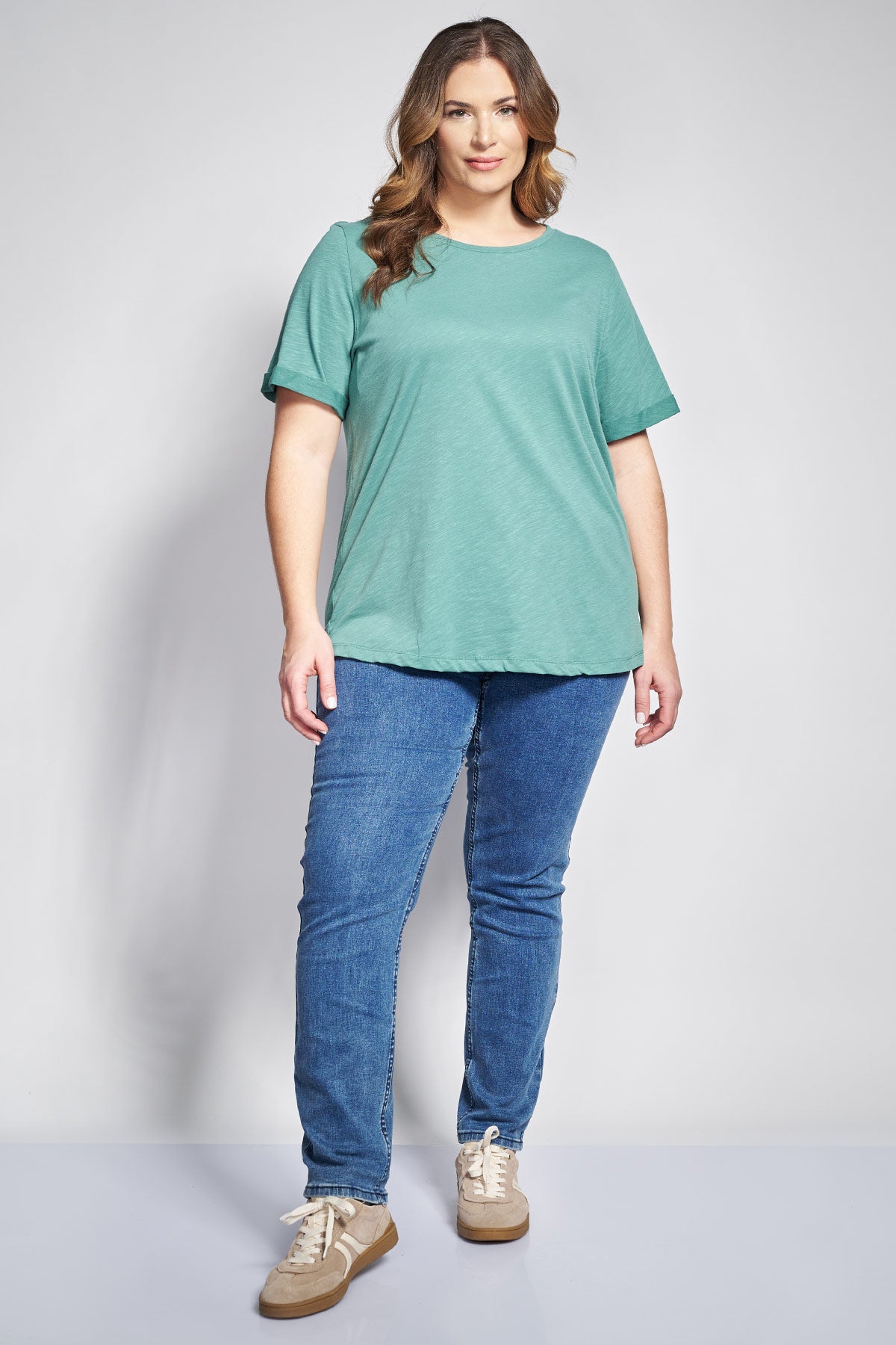 Basic short-sleeved cotton slub round-neck blouse - Khaki