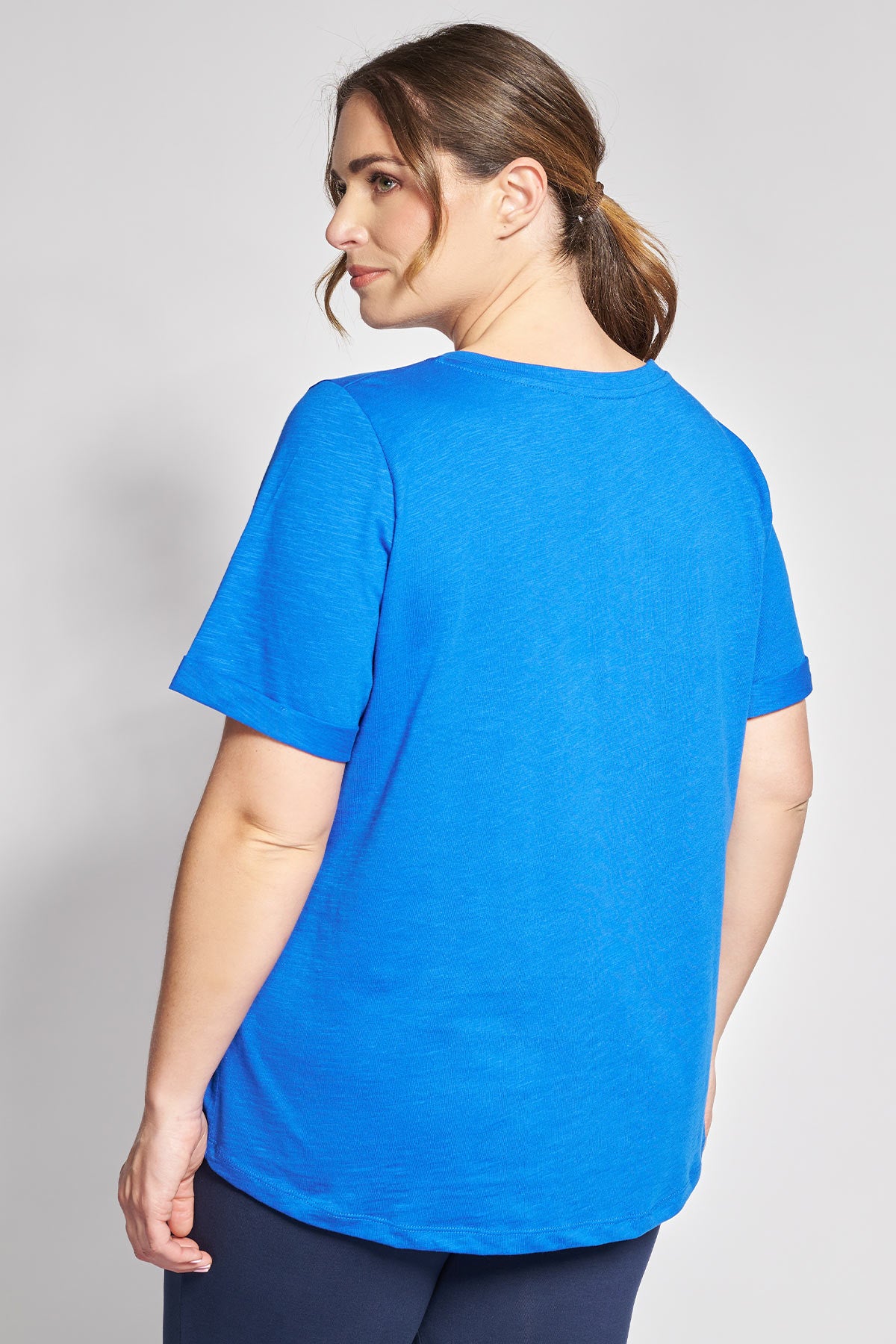 Basic short-sleeved cotton slub round-neck blouse - Royal Blue